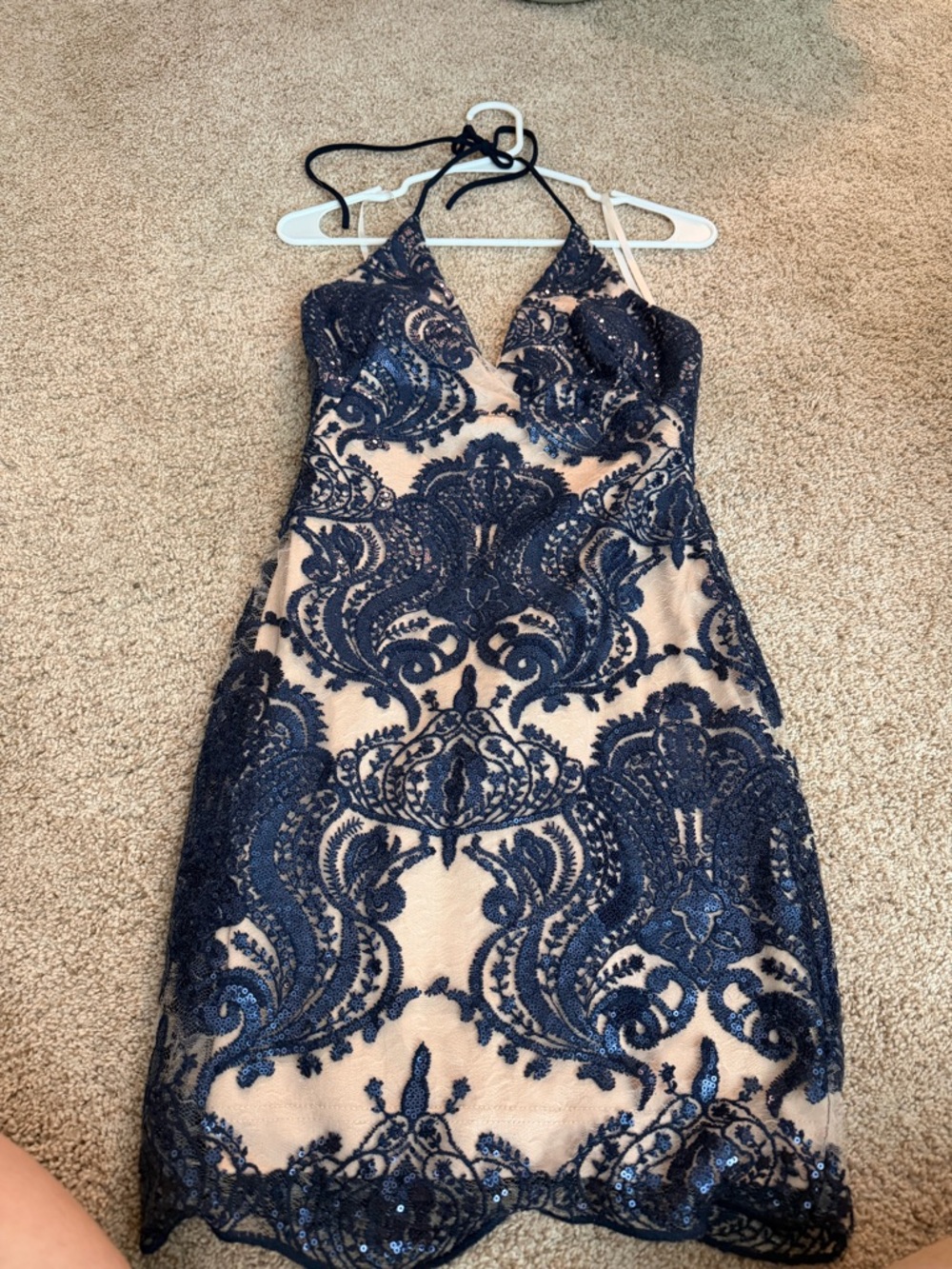 Gianni Bini Navy and Nude Halter Lace Sequin Mini Dress